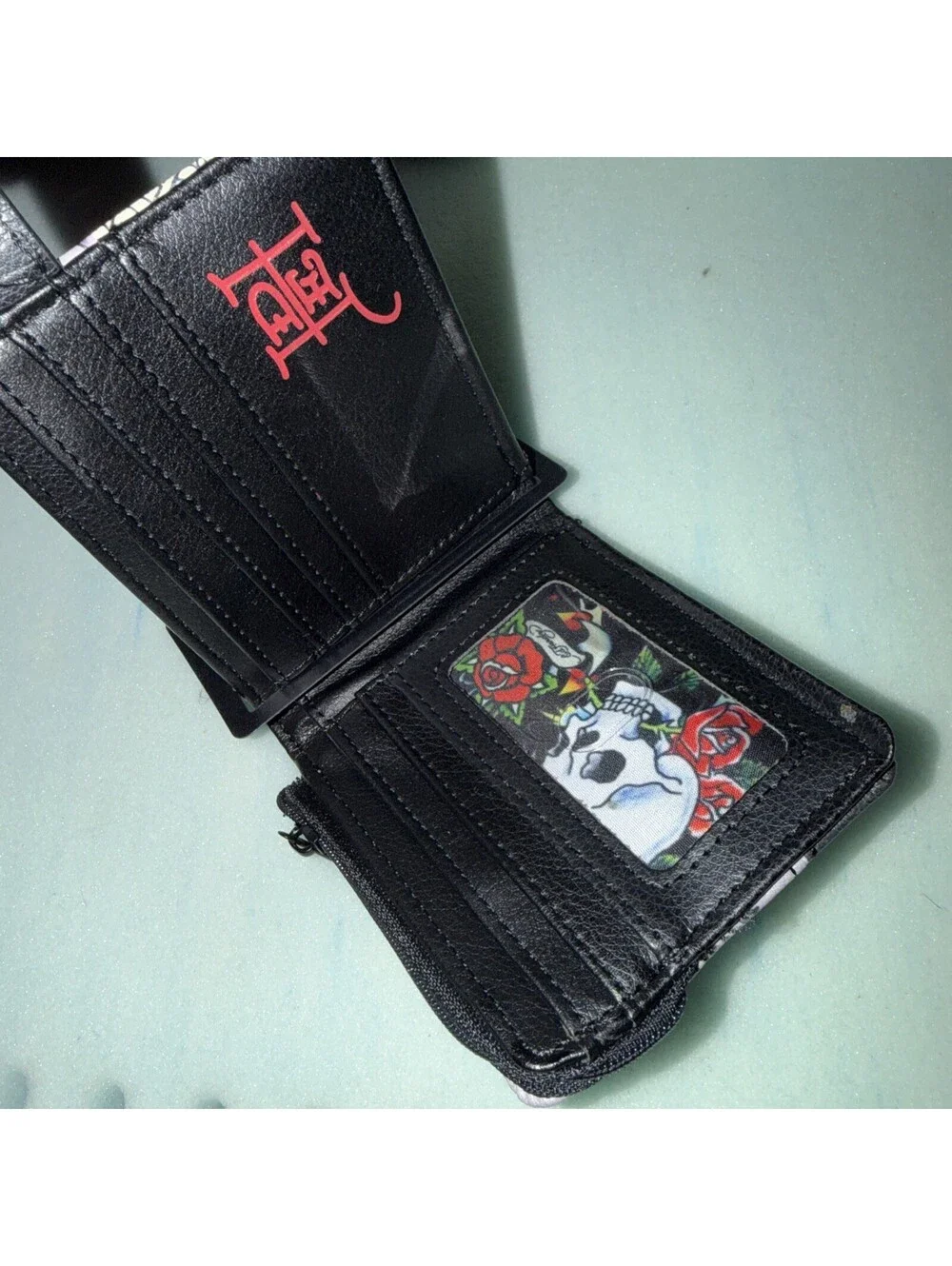 ED HARDY BI-FOLD SNAP CLOSURE/ZIPPERED POCKET/METAL STUDS WALLET - NWT